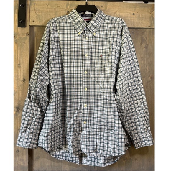 Vintage Tommy‎ Hilfiger Men's XL  Long Sleeve Button Down Shirt Green Blue Plaid - Picture 1 of 8